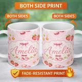 Personalized Custom Name Strawberry Cherry Daisy Floral Bow Sweet Dessert Light Rose Pink 11oz Ceramic Coffee Tea Mug White Large Handle