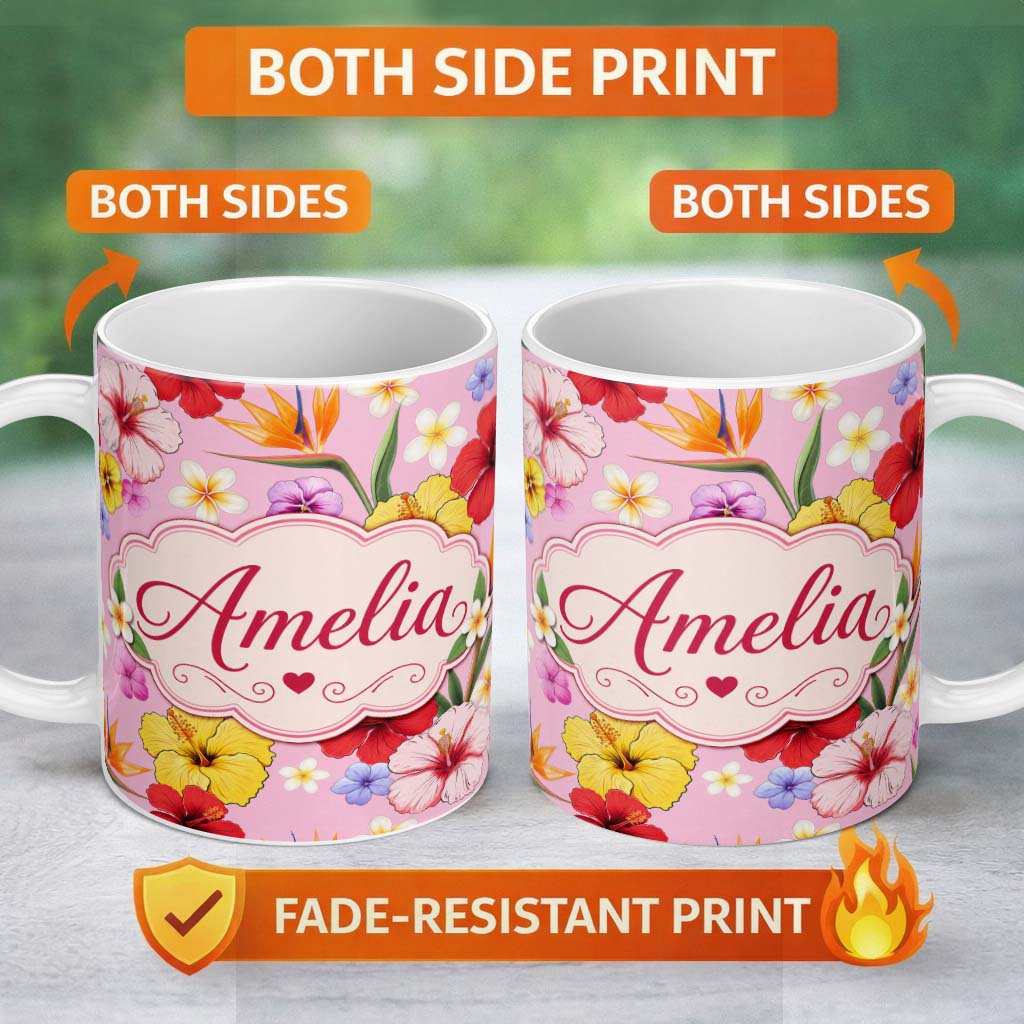 Personalized Custom Name Tropical Hibiscus Bird of Paradise Seamless Pattern Blush Background 11oz Ceramic Coffee Tea Mug White Large Handle