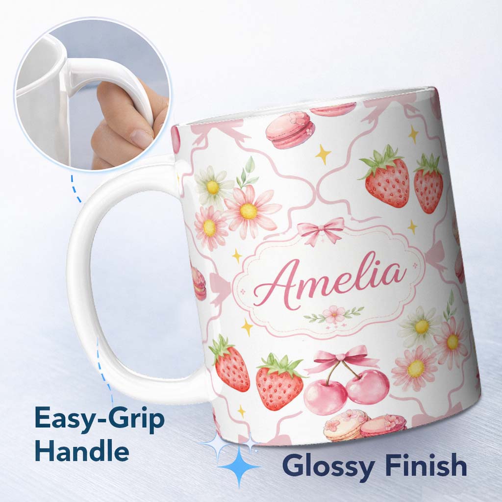 Personalized Custom Name Cute Strawberry Cherry Daisy Floral Bow Sweet Dessert Light Grey 11oz Ceramic Coffee Tea Mug White Large Handle