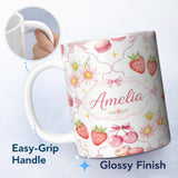 Personalized Custom Name Cute Strawberry Cherry Daisy Floral Bow Sweet Dessert Light Grey 11oz Ceramic Coffee Tea Mug White Large Handle