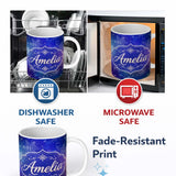 Personalized Custom Name Snowflake Bokeh Winter Seamless Pattern Design Soft Glow Lovely 11oz Ceramic Coffee Tea Mug White Large Handle