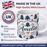 Personalized Custom Name Blue Christmas Trees with Stars and Hanging Ornaments Seamless 11oz Ceramic Coffee Tea Mug White Large Handle