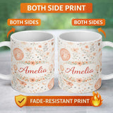 Personalized Custom Name Soft Coral Floral Hot Air Balloon Sky Pattern Seamless Watercolour 11oz Ceramic Coffee Tea Mug White Large Handle