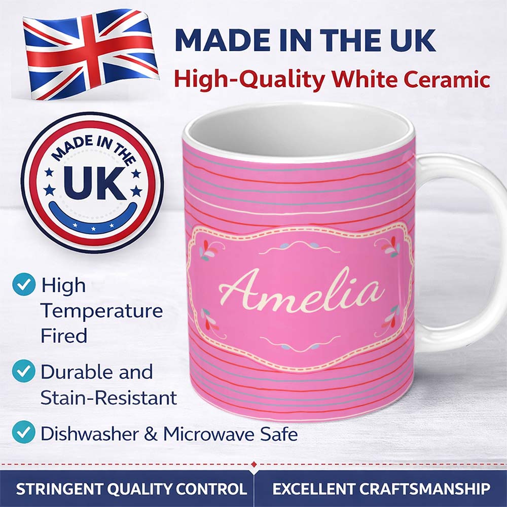 Personalized Custom Name Pink Abstract Stripe Pattern Minimal Modern Seamless Design Lovely 11oz Ceramic Coffee Tea Mug White Large Handle