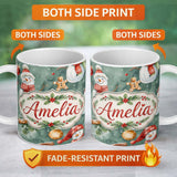 Personalized Custom Name Cute Snowman Gingerbread Baubles Winter Watercolor Seamless Pattern 11oz Ceramic Coffee Tea Mug White Large Handle
