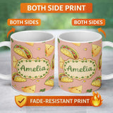Personalized Custom Name Cute Kawaii Tacos and Wraps Peach Background Seamless Pattern Name 11oz Ceramic Coffee Tea Mug White Large Handle