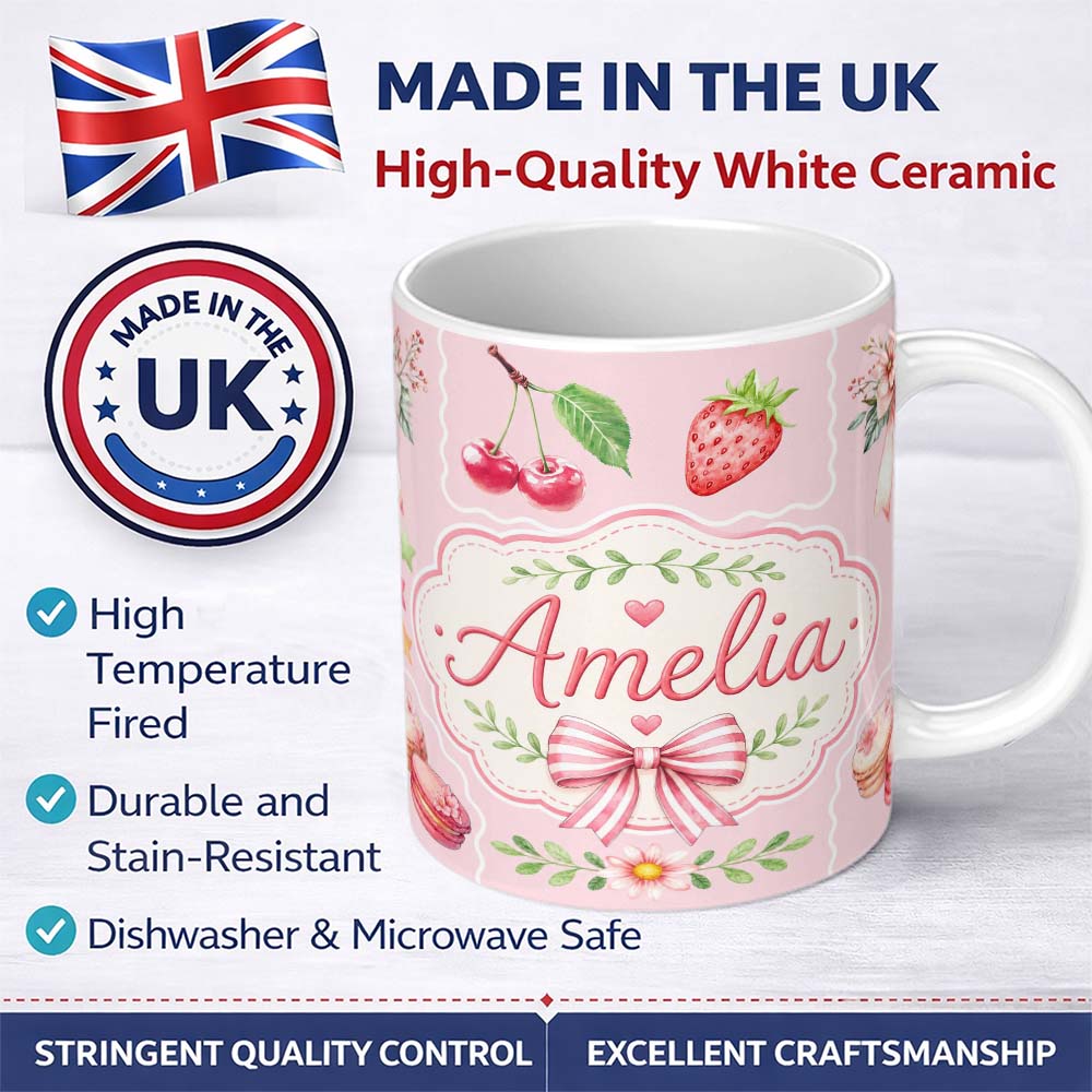 Personalized Custom Name Cute Strawberry Cherry Ribbon Bow Sweet Dessert Pattern Soft Pink 11oz Ceramic Coffee Tea Mug White Large Handle