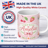 Personalized Custom Name Cute Strawberry Cherry Ribbon Bow Sweet Dessert Pattern Soft Pink 11oz Ceramic Coffee Tea Mug White Large Handle