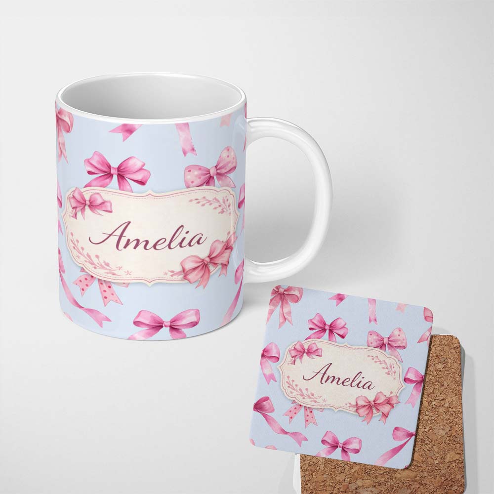 Personalized Custom Name Watercolor Pink Ribbon Bows Light Blue Background Seamless Pattern 11oz Ceramic Coffee Tea Mug White Large Handle