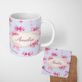 Personalized Custom Name Watercolor Pink Ribbon Bows Light Blue Background Seamless Pattern 11oz Ceramic Coffee Tea Mug White Large Handle