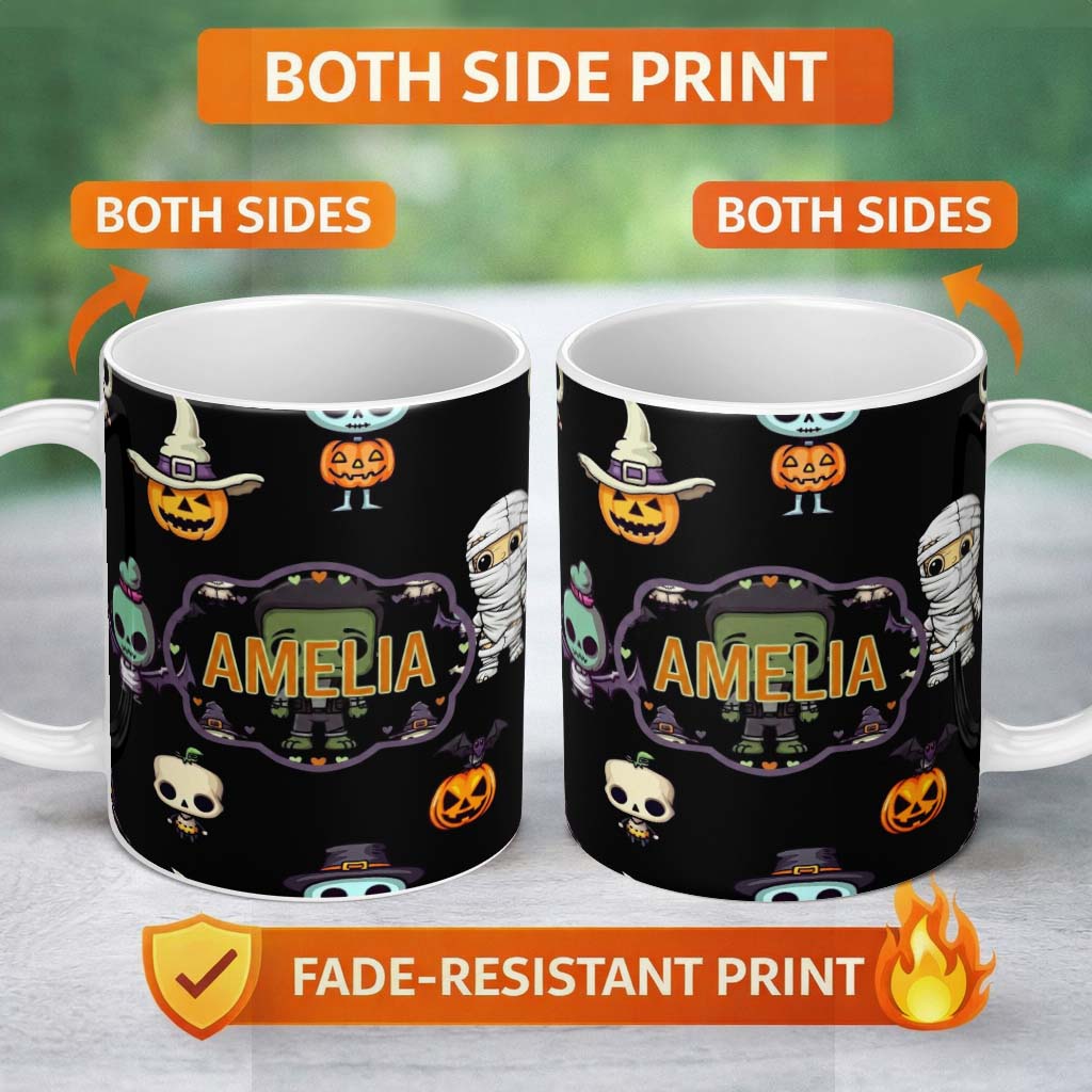 Personalized Custom Name Cute Halloween Characters Pumpkin Skull Mummy Seamless Pattern White 11oz Ceramic Coffee Tea Mug White Large Handle