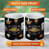 Personalized Custom Name Cute Halloween Characters Pumpkin Skull Mummy Seamless Pattern White 11oz Ceramic Coffee Tea Mug White Large Handle