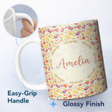 Personalized Custom Name Delicate Pastel Watercolor Mixed Fruit Seamless Pattern Lovely 11oz Ceramic Coffee Tea Mug White Large Handle