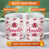 Personalized Custom Name Poinsettia Flower Bell Holly Christmas Seamless Pattern Lovely 11oz Ceramic Coffee Tea Mug White Large Handle