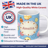 Personalized Custom Name Cute Easter Bunny Chick Carrots Eggs Polka Dot Seamless Pattern Blue 11oz Ceramic Coffee Tea Mug White Large Handle