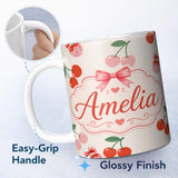 Personalized Custom Name Cute Cherry Fruit with Bow and Sprinkles Seamless Pattern Warm Beige 11oz Ceramic Coffee Tea Mug White Large Handle