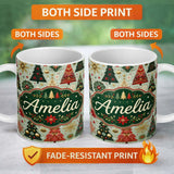 Personalized Custom Name Elegant Festive Christmas Trees Snowflakes Gold Red Holiday Seamless 11oz Ceramic Coffee Tea Mug White Large Handle