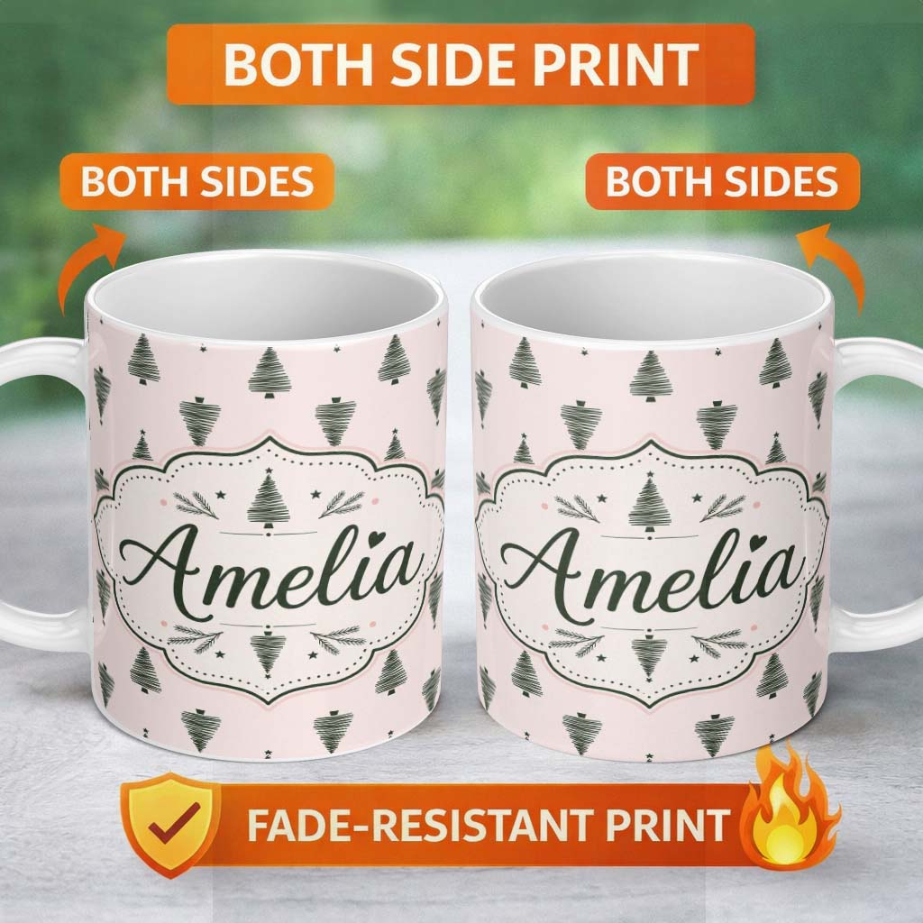 Personalized Custom Name Minimal Line Christmas Trees Modern Scandinavian Seamless Pattern 11oz Ceramic Coffee Tea Mug White Large Handle