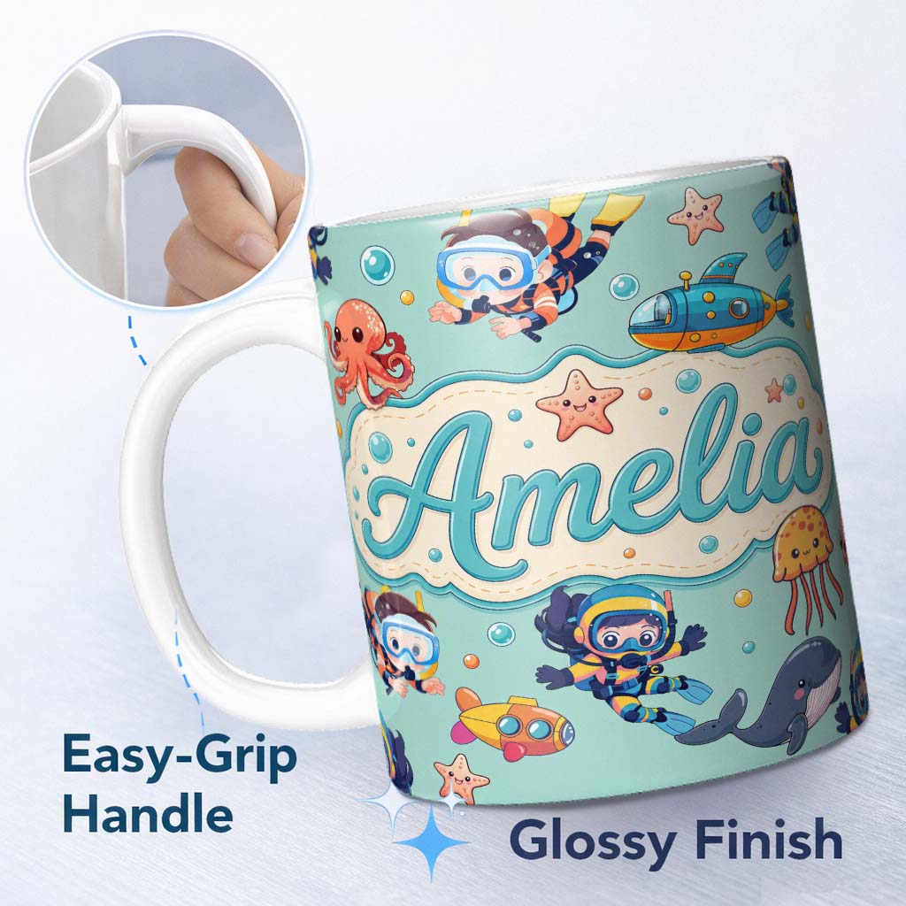 Personalized Custom Name Kids Scuba Divers Submarine Jellyfish Ocean Animals Mint Green 11oz Ceramic Coffee Tea Mug White Large Handle
