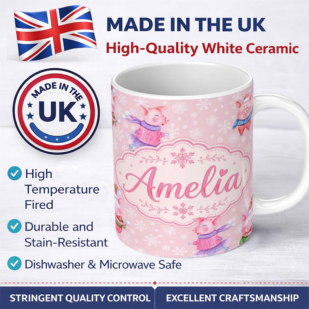 Personalized Custom Name Cute Winter Pig Snowflake Watercolor Seamless Pattern Lovely 11oz Ceramic Coffee Tea Mug White Large Handle