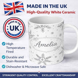 Personalized Custom Name Black Snowflake Sketch Pattern on White Seamless Cute Unique Gift 11oz Ceramic Coffee Tea Mug White Large Handle
