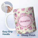 Personalized Custom Name Cute Pink Plant Pots Leaves Strawberry Seamless Pattern Cream Lovely 11oz Ceramic Coffee Tea Mug White Large Handle