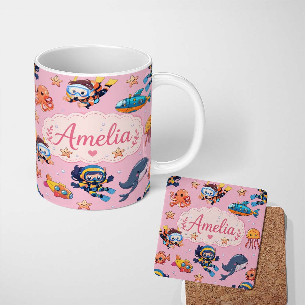 Personalized Custom Name Underwater with Scuba Divers Starfish and Whale on Soft Blush Pink 11oz Ceramic Coffee Tea Mug White Large Handle