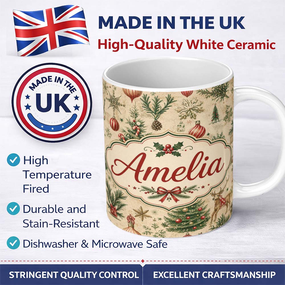 Personalized Custom Name Vintage Christmas Reindeer Tree Ornament Woodland Seamless Pattern 11oz Ceramic Coffee Tea Mug White Large Handle
