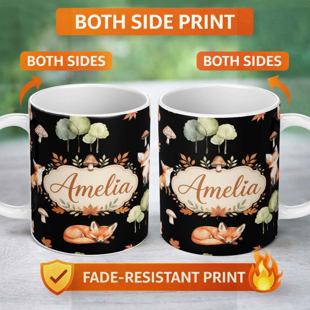 Personalized Custom Name Cute Forest Fox Autumn Leaves Trees Mushrooms Woodland Animals 11oz Ceramic Coffee Tea Mug White Large Handle