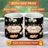 Personalized Custom Name Cute Forest Fox Autumn Leaves Trees Mushrooms Woodland Animals 11oz Ceramic Coffee Tea Mug White Large Handle