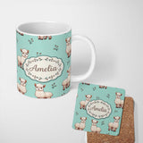 Personalized Custom Name Cute Alpaca Llama Pattern with Floral Sprigs on Teal Background 11oz Ceramic Coffee Tea Mug White Large Handle