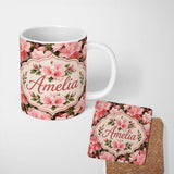 Personalized Custom Name Blush Pink Azalea Bloom Cluster Seamless Pattern Cute Unique Gift 11oz Ceramic Coffee Tea Mug White Large Handle