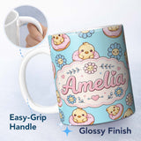 Personalized Custom Name Cute Baby Chick Donut Flowers Seamless Pattern Aqua Blue Background 11oz Ceramic Coffee Tea Mug White Large Handle