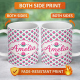 Personalized Custom Name Stylised Pink Floral Bud Pattern with Green Leaves on Light Lovely 11oz Ceramic Coffee Tea Mug White Large Handle