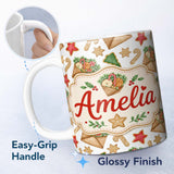 Personalized Custom Name Watercolor Christmas Cookies Candy Cane Envelope Seamless Pattern 11oz Ceramic Coffee Tea Mug White Large Handle