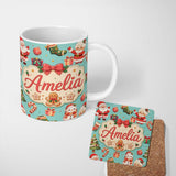 Personalized Custom Name Cute Santa Claus Mrs Claus Snowman Christmas Gift Pattern Teal 11oz Ceramic Coffee Tea Mug White Large Handle