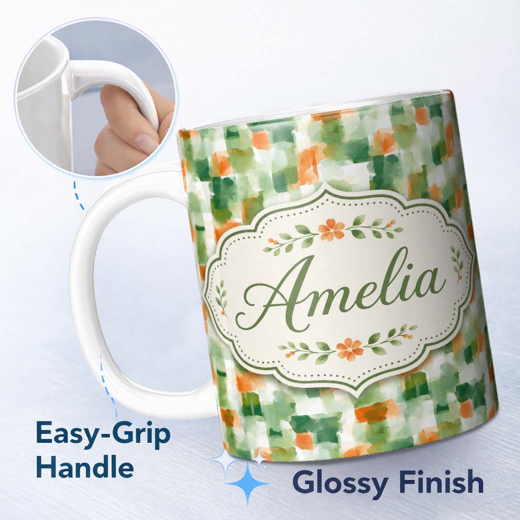 Personalized Custom Name Modern Blue Geometric Lattice Abstract Seamless Pattern Lovely 11oz Ceramic Coffee Tea Mug White Large Handle