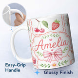 Personalized Custom Name Cute Strawberry Cherry Ribbon Bow Sweet Dessert Pattern Light Grey 11oz Ceramic Coffee Tea Mug White Large Handle