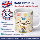 Personalized Custom Name Cute Farm Animals Girl Pig Cow Chicken Cream Background Seamless 11oz Ceramic Coffee Tea Mug White Large Handle