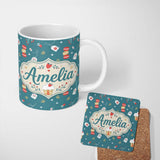Personalized Custom Name Cute Tea Dessert Strawberry Macaron Seamless Pattern Lovely 11oz Ceramic Coffee Tea Mug White Large Handle