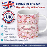 Personalized Custom Name Cute Kawaii Bunny Donuts Strawberry Dessert Pattern Blush Pink 11oz Ceramic Coffee Tea Mug White Large Handle
