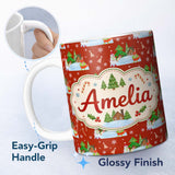 Personalized Custom Name Cute Winter Snowman Bird Christmas Scene Red Seamless Pattern Lovely 11oz Ceramic Coffee Tea Mug White Large Handle