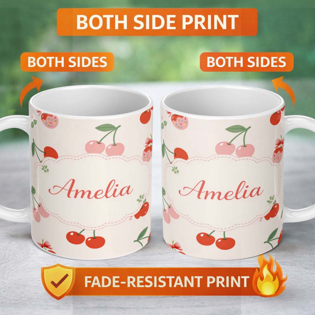 Personalized Custom Name Cherry Fruit Light Lavender Background Minimal Seamless Pattern 11oz Ceramic Coffee Tea Mug White Large Handle