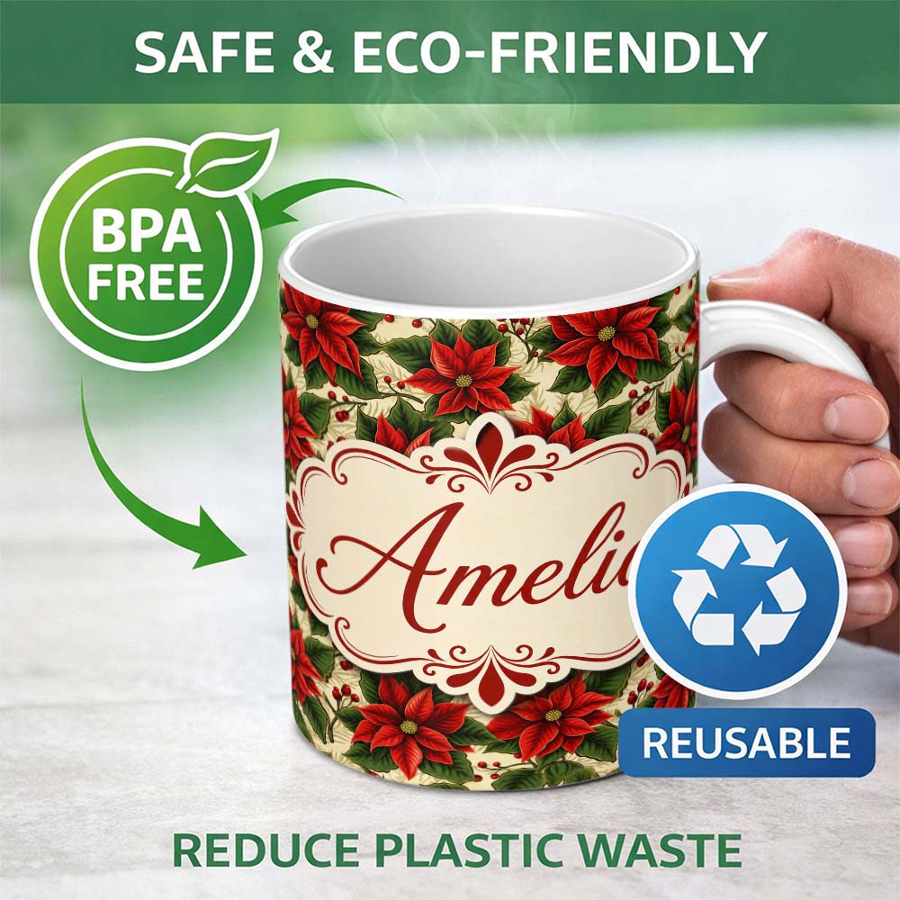 Personalized Custom Name Traditional Poinsettia Holly Berry Christmas Botanical Seamless 11oz Ceramic Coffee Tea Mug White Large Handle