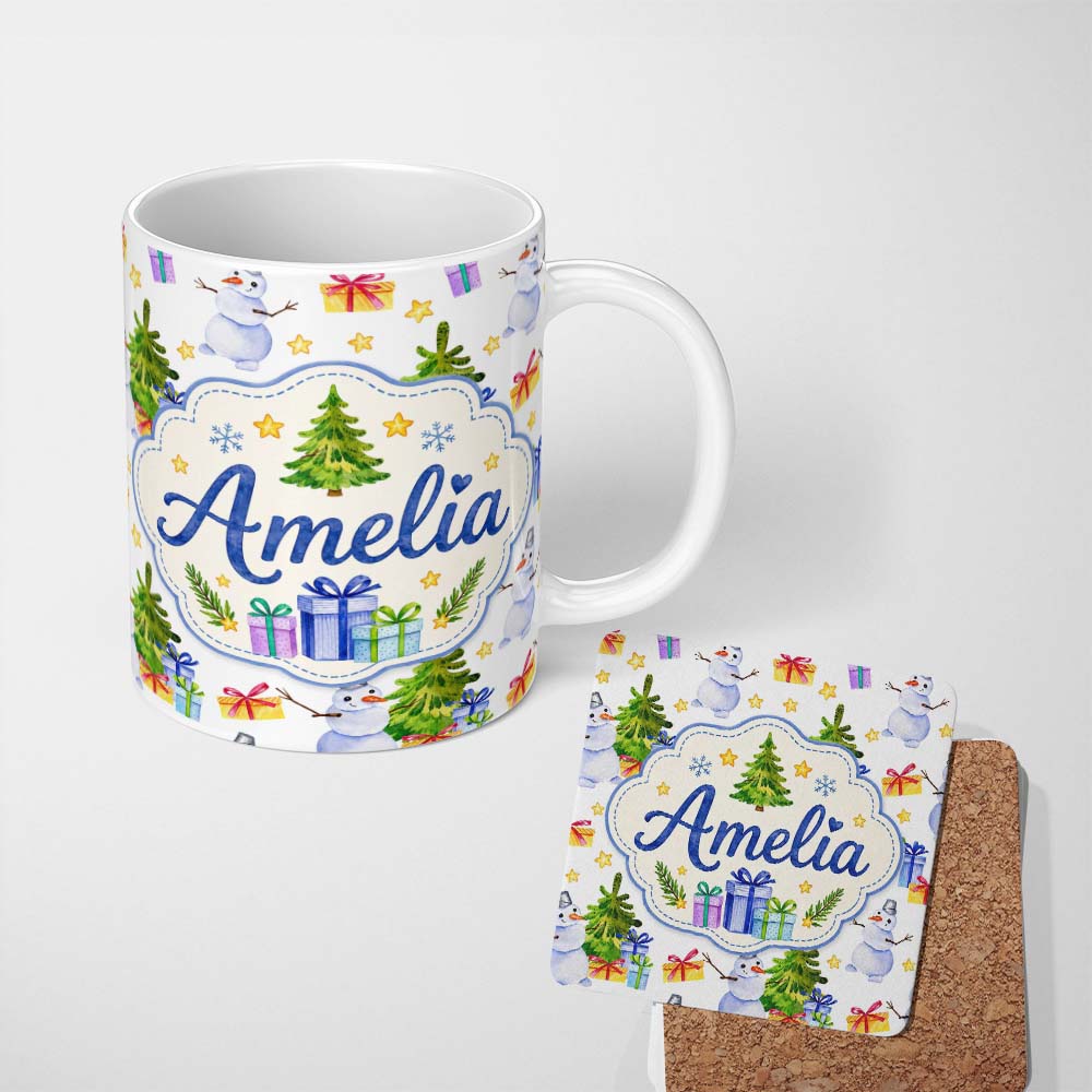 Personalized Custom Name Watercolor Snowman Christmas Tree Gift Box Star Seamless Pattern 11oz Ceramic Coffee Tea Mug White Large Handle