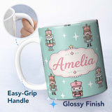 Personalized Custom Name Cute Nutcracker Soldiers Christmas Toy Characters Pattern Teal 11oz Ceramic Coffee Tea Mug White Large Handle