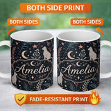 Personalized Custom Name Celestial Cat Moon Stars Botanical Night Seamless Pattern Lovely 11oz Ceramic Coffee Tea Mug White Large Handle