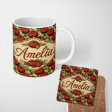 Personalized Custom Name Bold Red Tomatoes with Basil Leaves Vintage Kitchen Garden Pattern 11oz Ceramic Coffee Tea Mug White Large Handle
