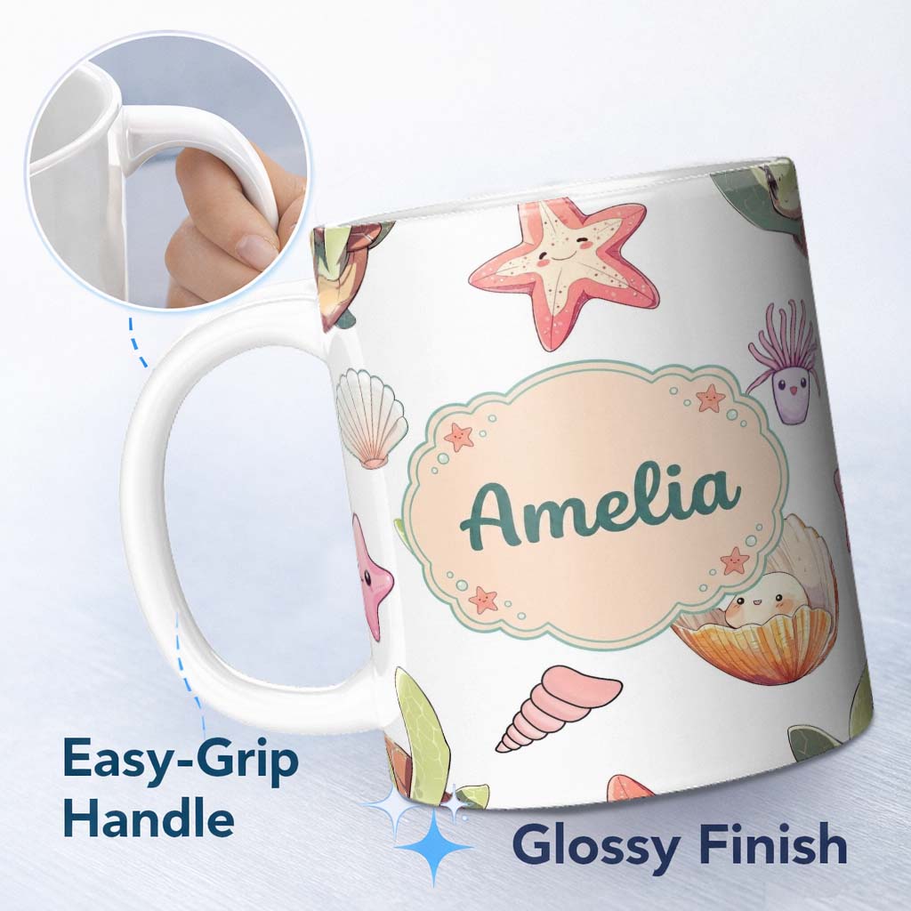 Personalized Custom Name Cute Kawaii Sea Turtle Starfish Shells Ocean Friends Light Grey 11oz Ceramic Coffee Tea Mug White Large Handle