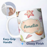 Personalized Custom Name Cute Kawaii Sea Turtle Starfish Shells Ocean Friends Light Grey 11oz Ceramic Coffee Tea Mug White Large Handle